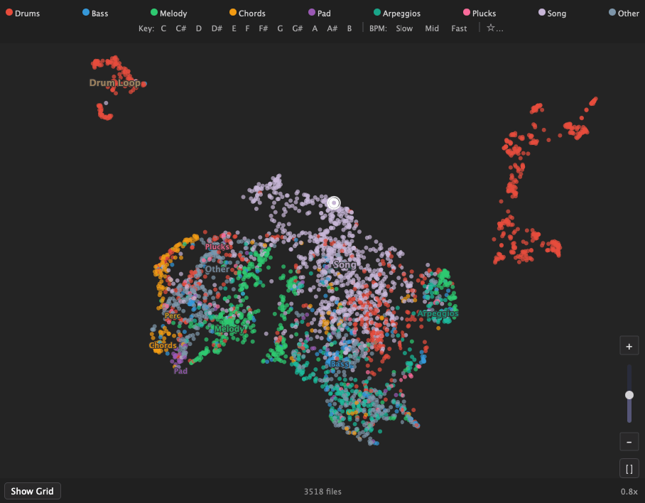 Galaxy View — MIDI library as a star map with UMAP clustering